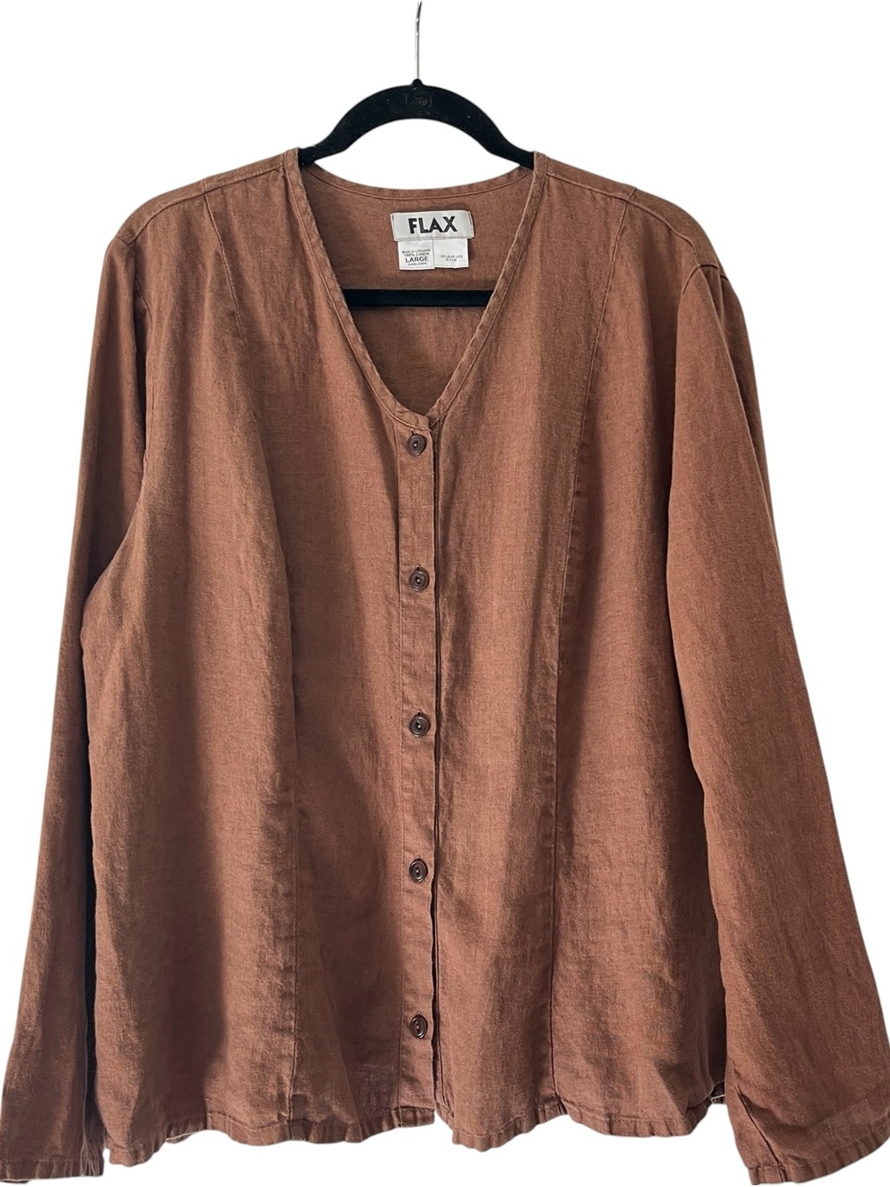 FLAX Jeanne Engelhart 100% Linen Shirt Jacket L Brown Button Front Pockets